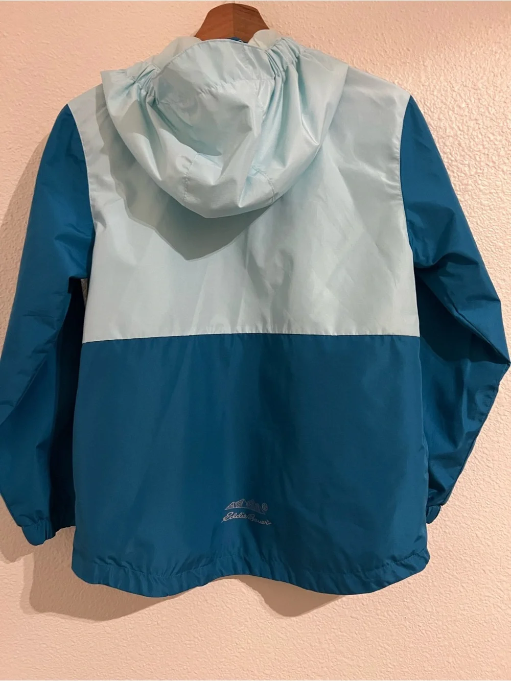 Eddie Bauer Kids Two-Tone Light Teal and Dark Teal Hooded Rain Jacket